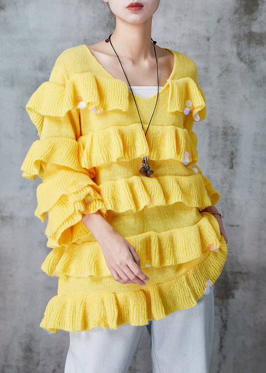 Yellow Ruffled Sequins Knit Pullover Spring