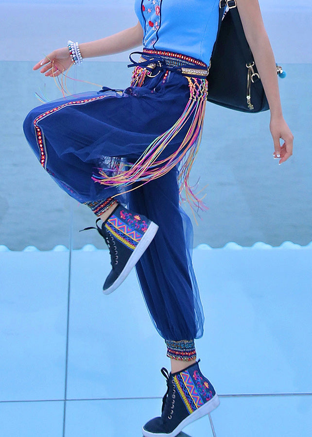 Navy Print Embroideried Elastic Tulle Beam Pants Summer