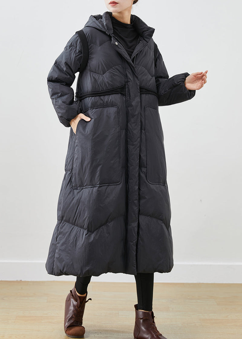 Black Cinched Big Pockets Cotton Blend Down Coat Winter