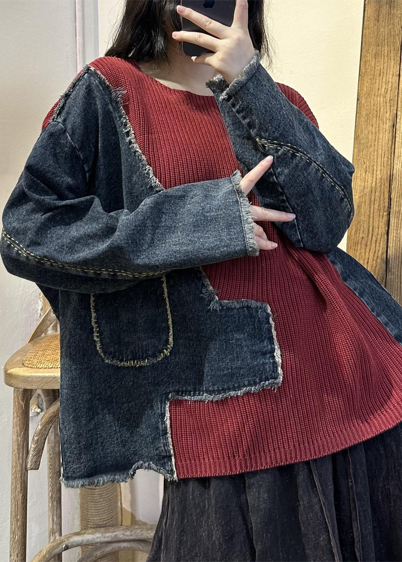 Red Asymmetrical Pockets Knit Patchwork Tops Fall