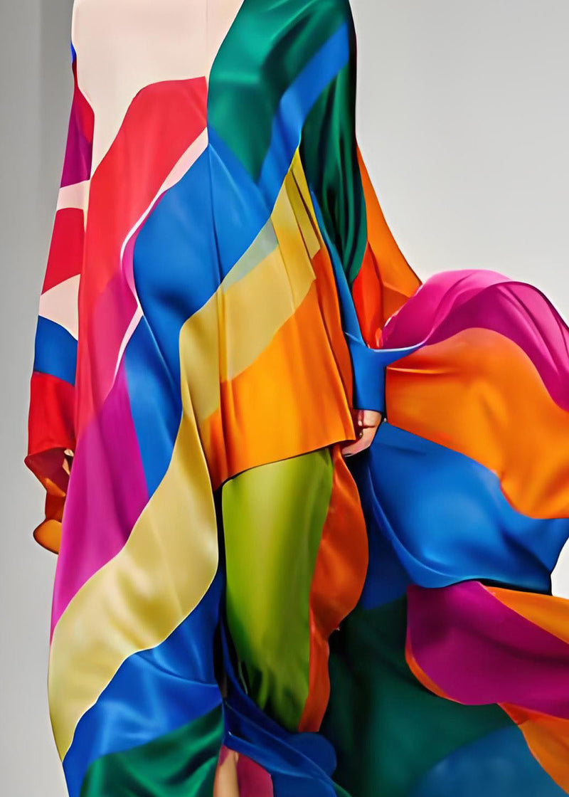 Colorblock Asymmetrical Patchwork Silk Maxi Dresses Long Sleeve
