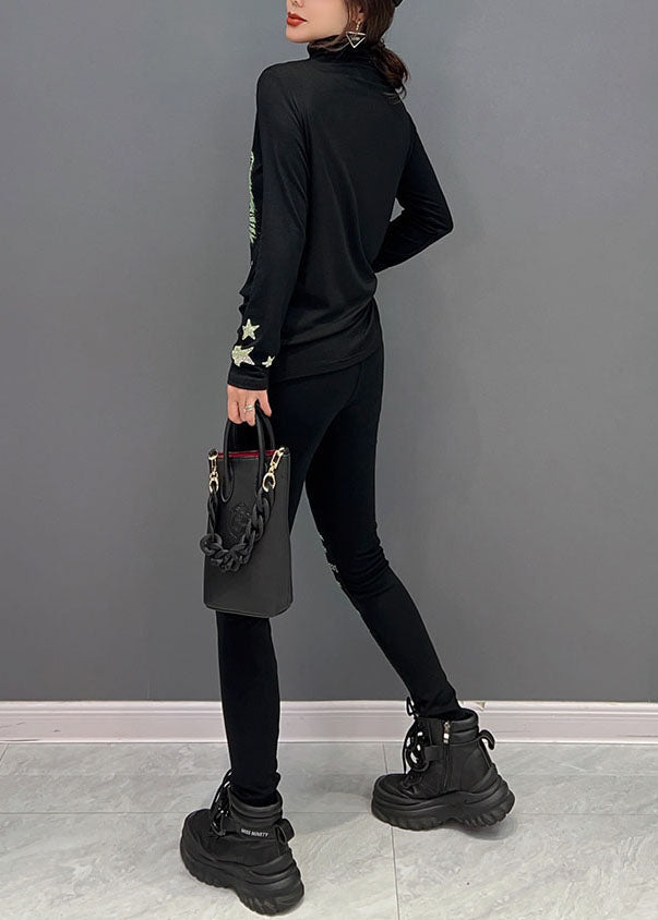 Novelty Black Turtleneck Animal Print Cotton Two Pieces Spring