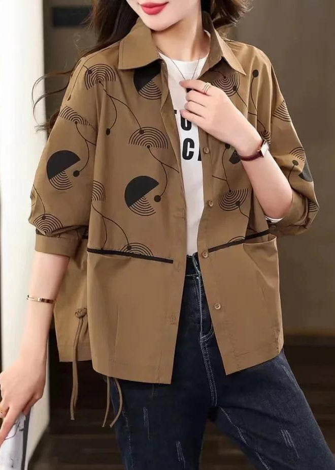 Diy Coffee Peter Pan Collar Print Chinese Button Cotton Coat Fall