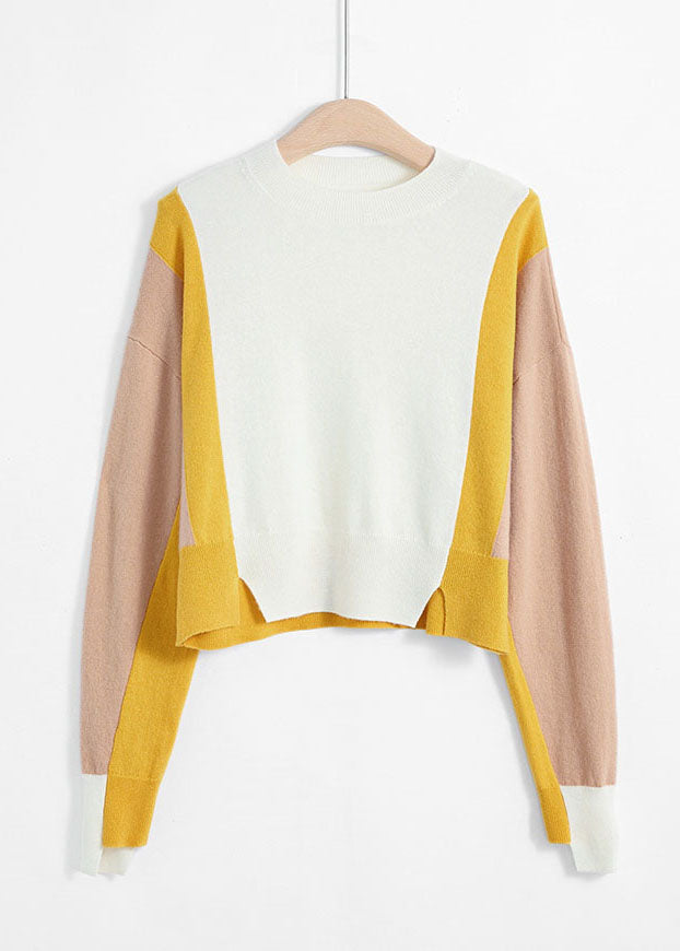 Colorblock O-neck Patchwork Side Open Cashmere Sweater Spring