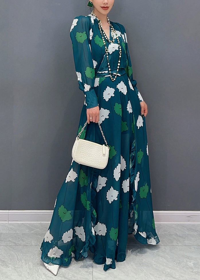 Modern Green V Neck Print Tunic Chiffon Top and Maxi Skirts Two Pieces Lantern Sleeve