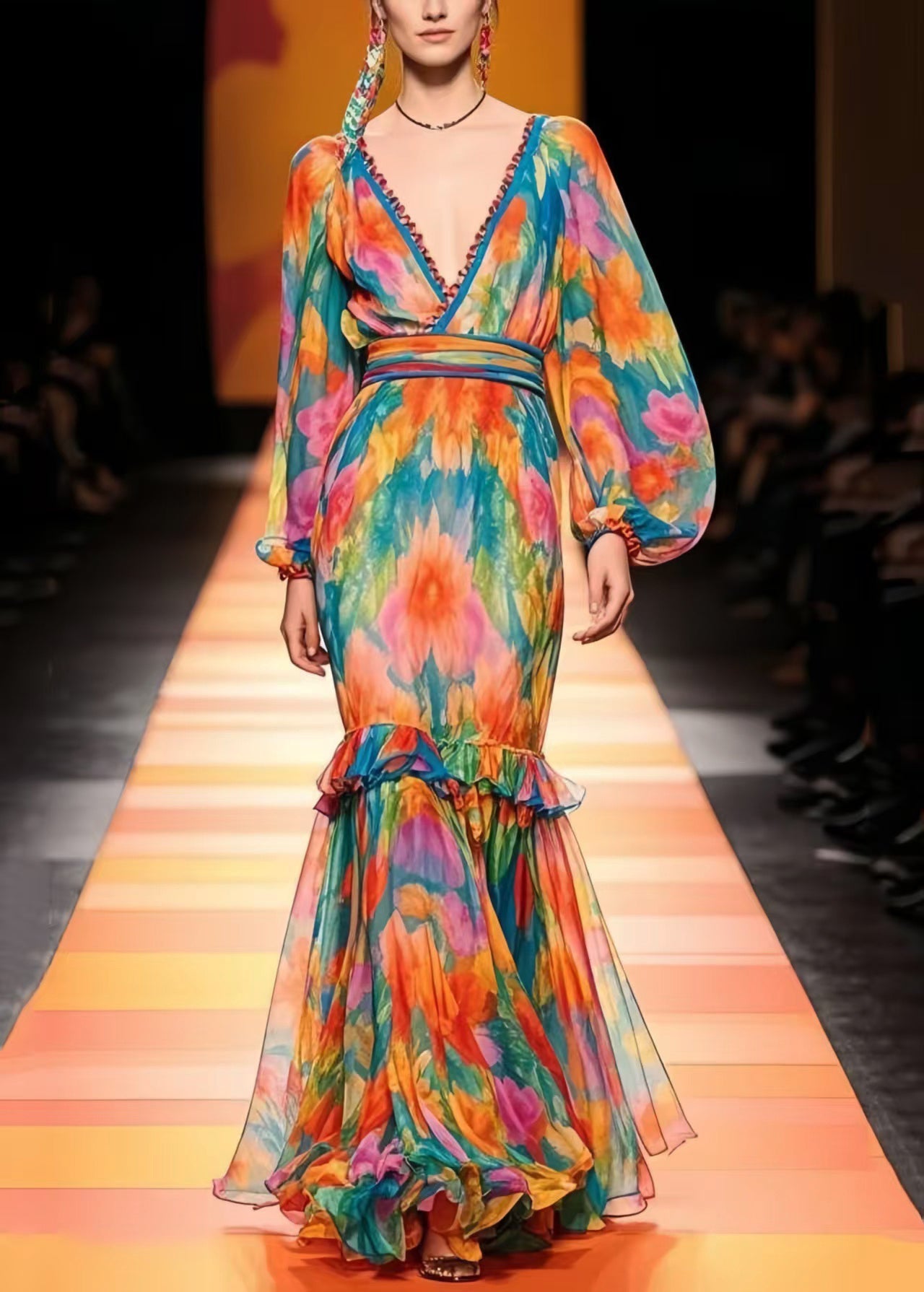 French Ruffled Print Chiffon Vestidos Dresses Lantern Sleeve