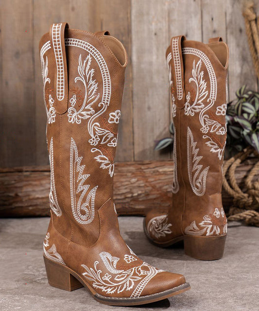Brown Embossed Faux Leather Chunky Chunky Boots