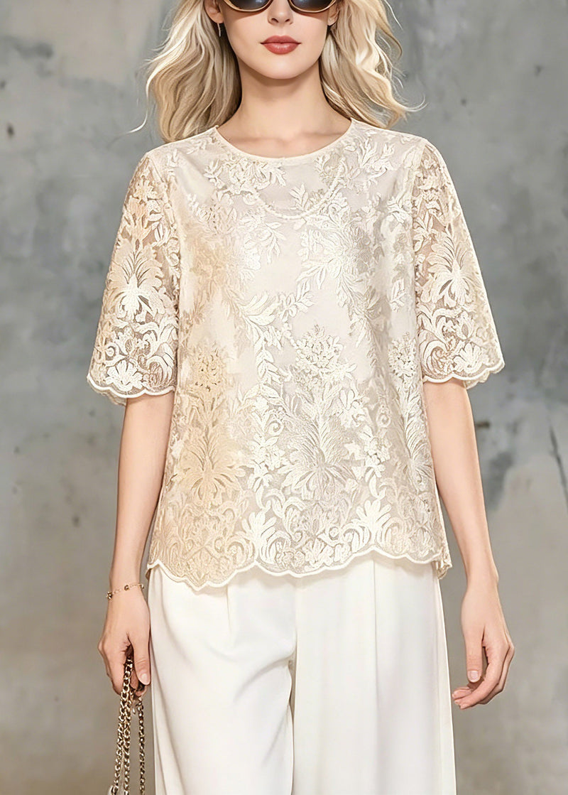Classy Champagne O-neck Lace T Shirt Summer