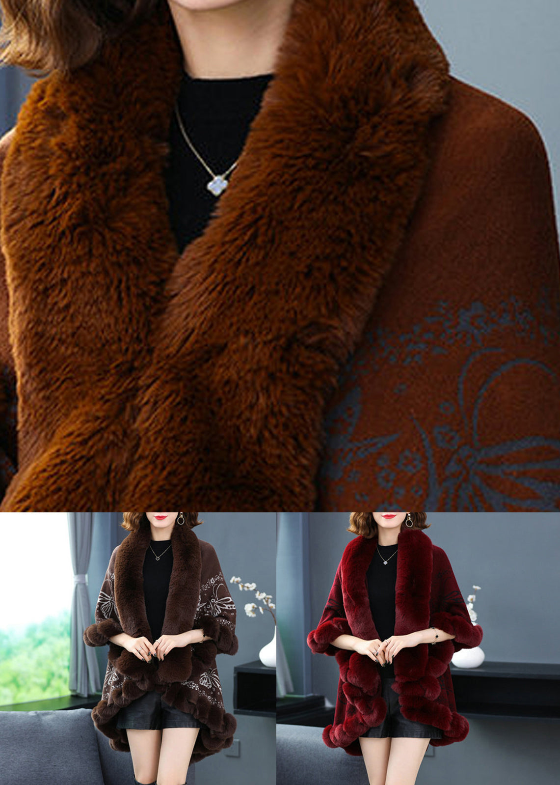 Organic Caramel V Neck Print Low High Design Patchwork Woolencoats Fall