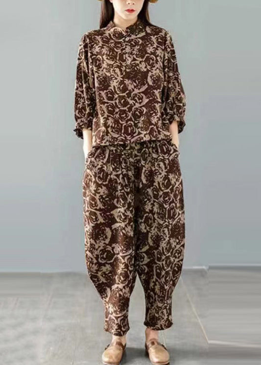 Brown O-neck Button Two Pieces Set Bracelet Sleeve