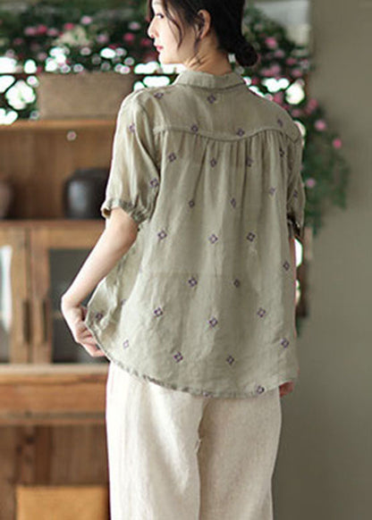 Grey Green Embroideried Linen Shirt Top Short Sleeve