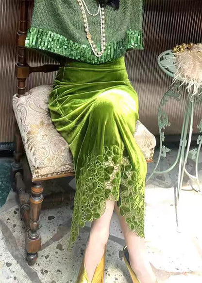 Green Hollow Out Cotton Knit Sweaters and Maxi Skirts Two Piece Set Winter