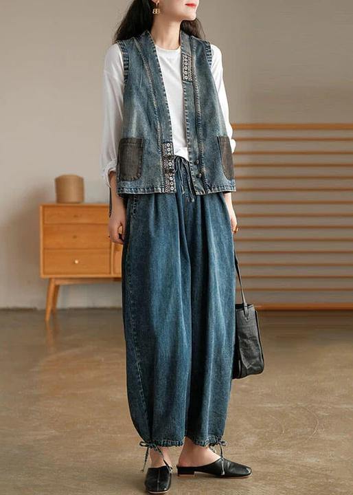 Denim Drawstring Pocket Wide Leg Jeans