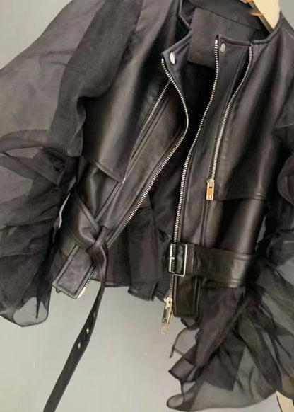 Black Tulle Puff Sleeve Zippered Patchwork Faux Leather Jackets