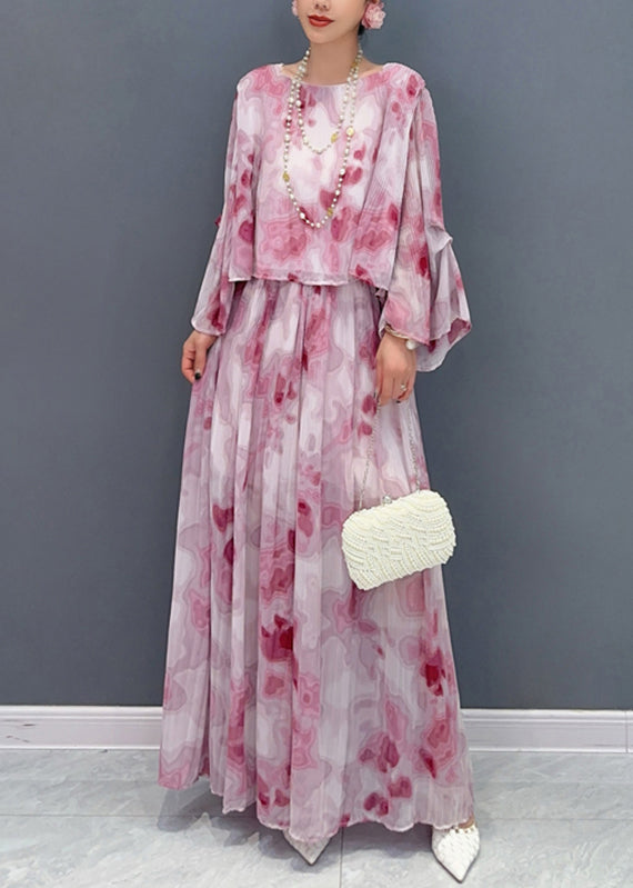 Red O-neck Chiffon Shirts and Maxi Skirts Two Pieces Set Fall
