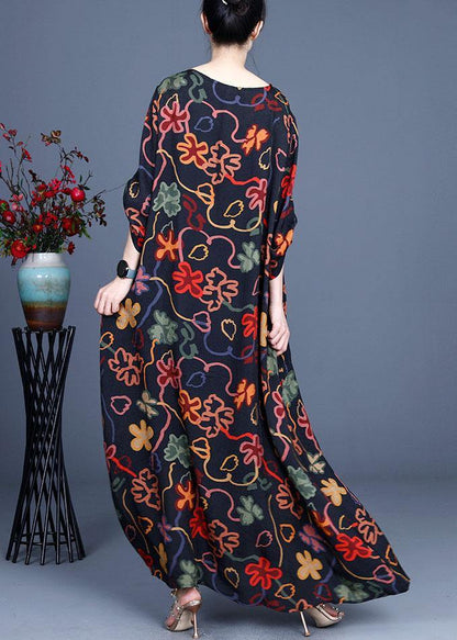 Stylish Navy Print O-neck Asymmetrical Design Summer Chiffon Ankle Dress