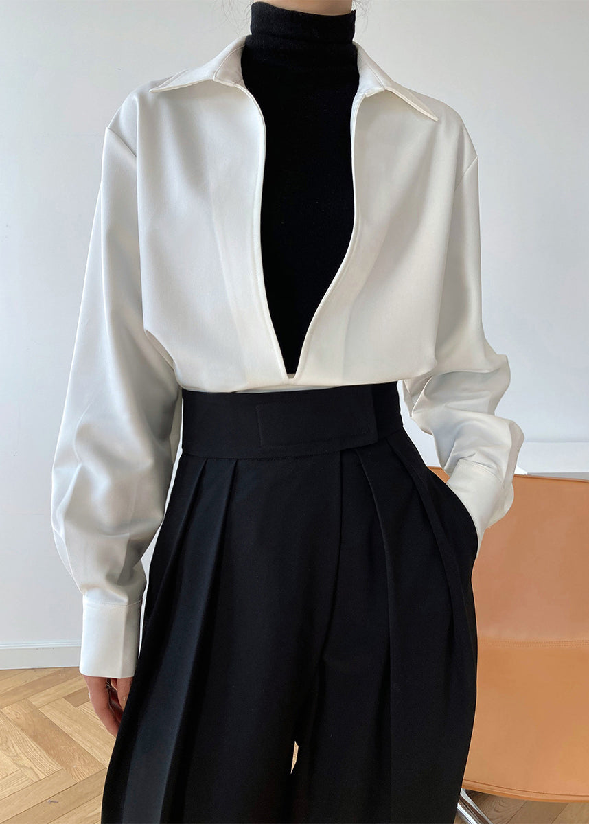 Simple White V Neck Cotton Shirts Top Long Sleeve Spring