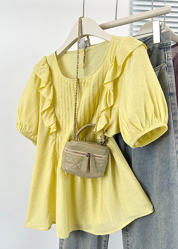 Yellow Ruffled Button Cotton Shirts O Neck