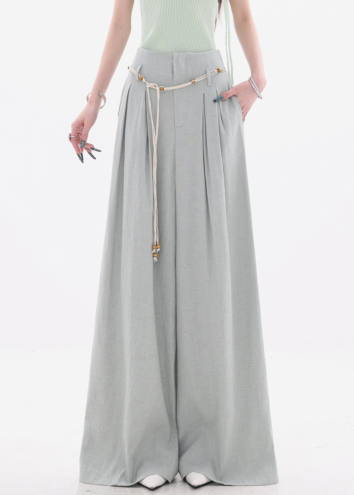 New Grey Zippered Cotton Wide Leg Pants High Waist Fall