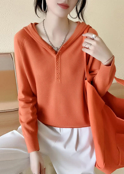 Green Button Hooded Knit Sweaters Spring