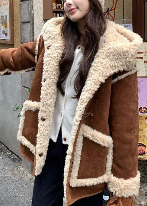 Brown Hooded Pockets Fleece Wool Lined Coat Spring