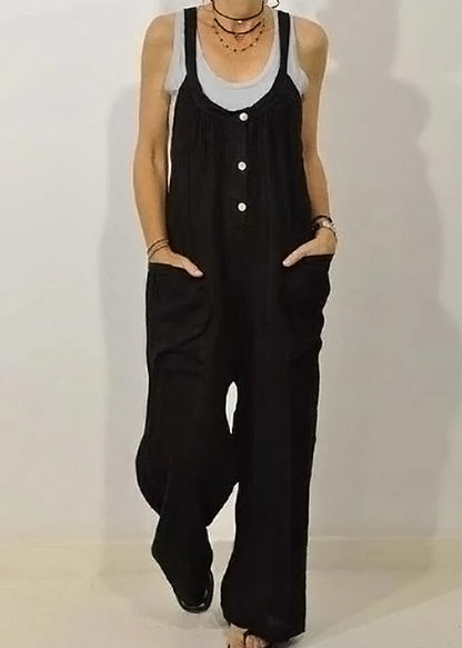 Khaki O-neck Button Jumpsuits Sleeveless