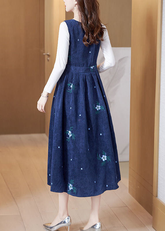 Embroideried Slim Fit Corduroy a Line Dress Two Pieces Set Spring