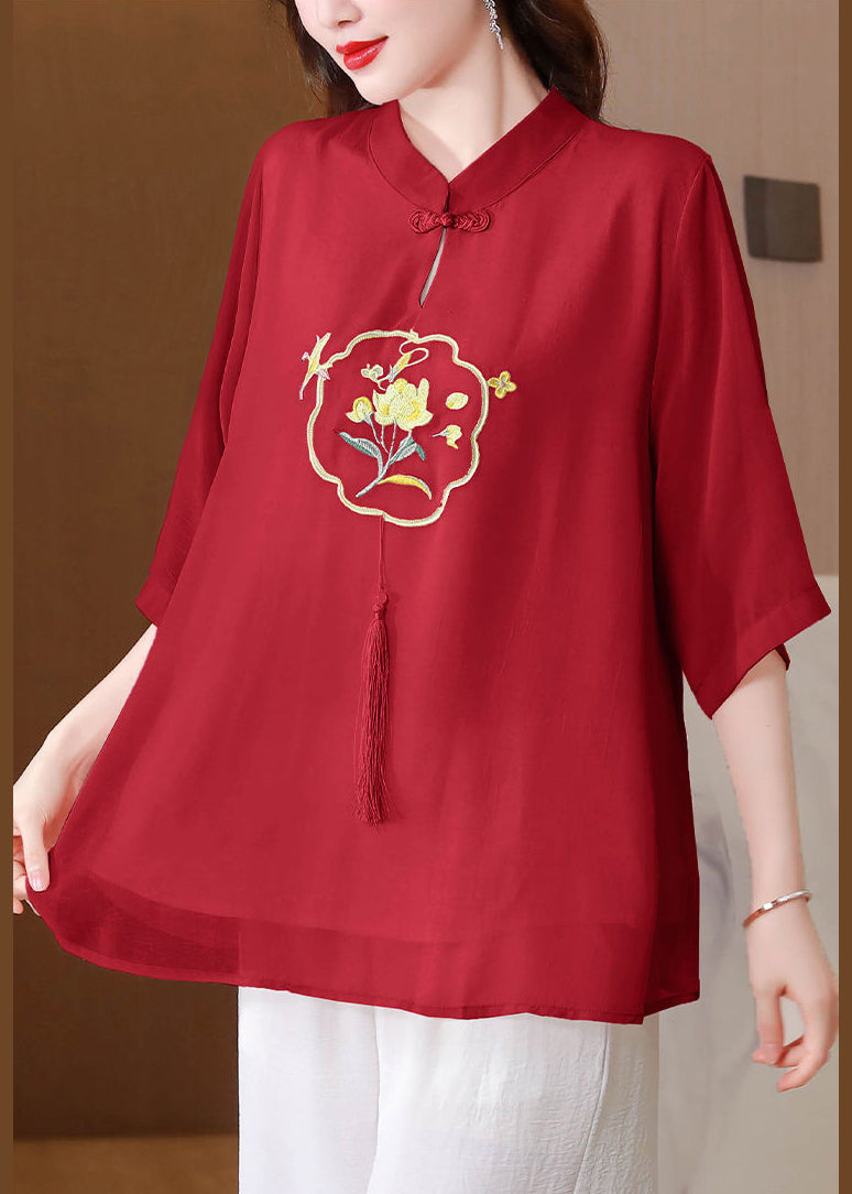 Red Embroidered Tasseled Silk Blouse Tops Summer