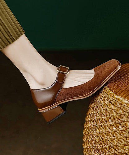 Apricot Suede Square Head Buckle High Chunky Heels