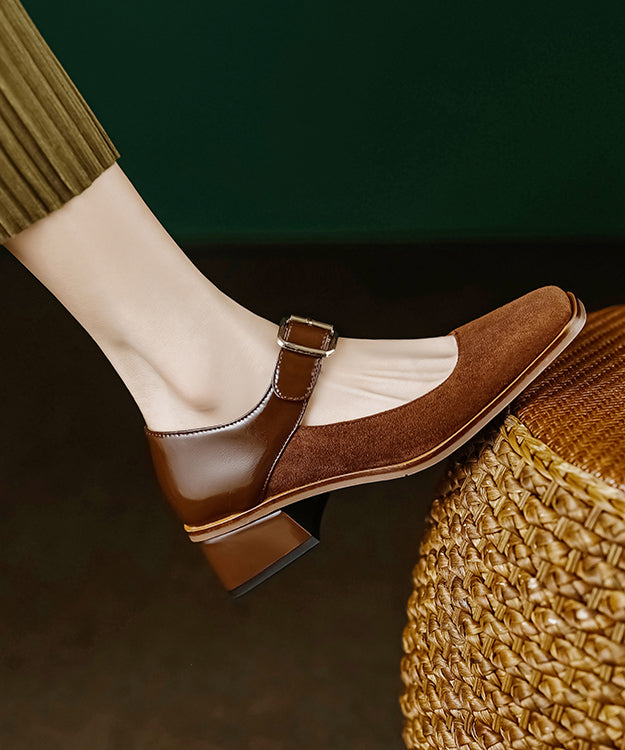Apricot Suede Square Head Buckle High Chunky Heels
