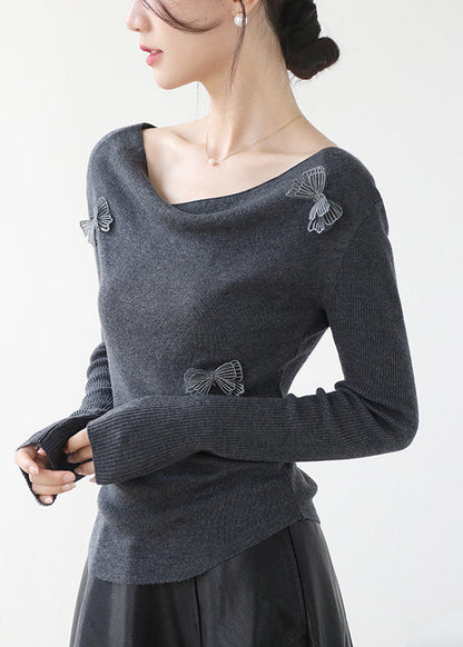 Original Design Grey Slash Neck Butterfly Knit Top Spring