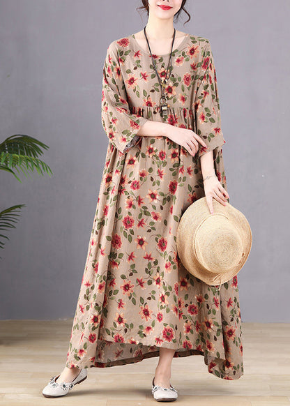 Coffee Print Wrinkled Long Holiday Dresses Spring