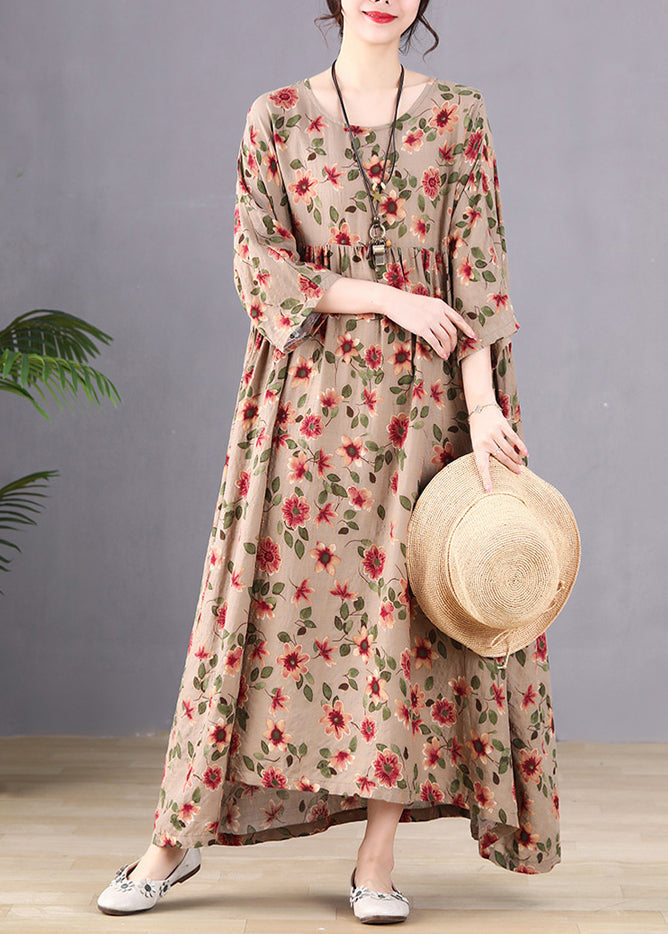 Coffee Print Wrinkled Long Holiday Dresses Spring
