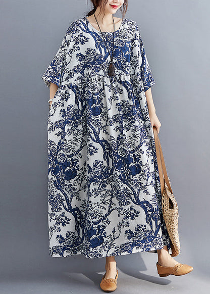 Blue O-neck Print Patchwork Wrinkled Maxi Dresses Summer