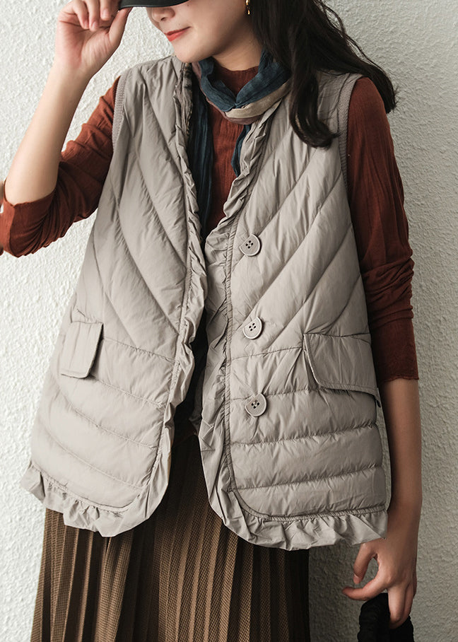 Grey V Neck Pockets Duck Down Waistcoat Winter