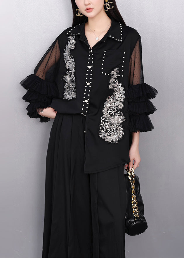 Black Rhinestone Hollow Out Chiffon Blouse Tops Flare Sleeve