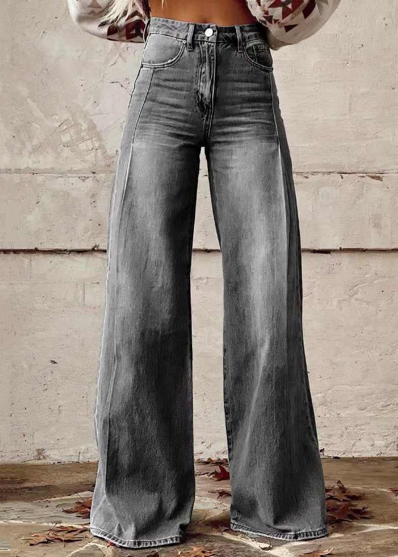 Loose Light Blue Button Pockets High Waist Denim Wide Leg Pants Spring