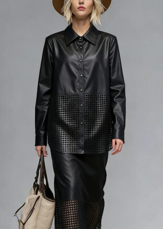 Black Peter Pan Collar Hollow Out Faux Leather Two Piece Set Spring