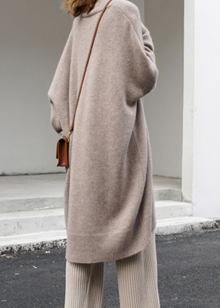 Khaki V Neck Oversized Knit Sweater Dress Spring