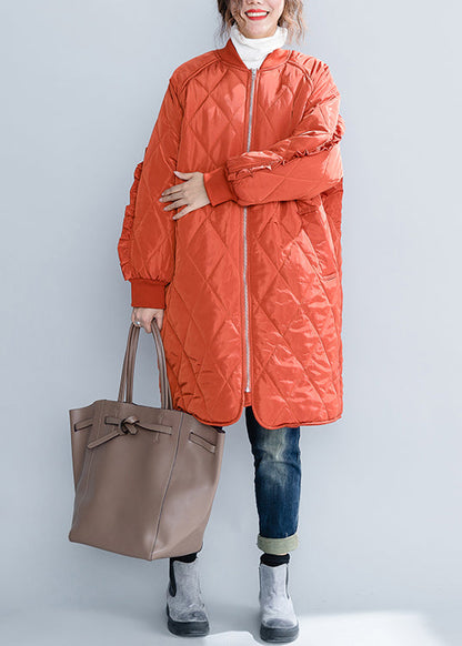 Orange Zip Up Pockets Ruffled Patchwork Cotton Filled Coats Winter
