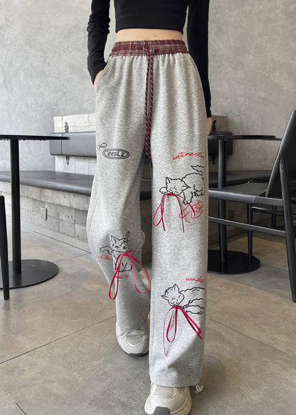 Grey Pockets Print Elastic Waist Cotton Pants Fall