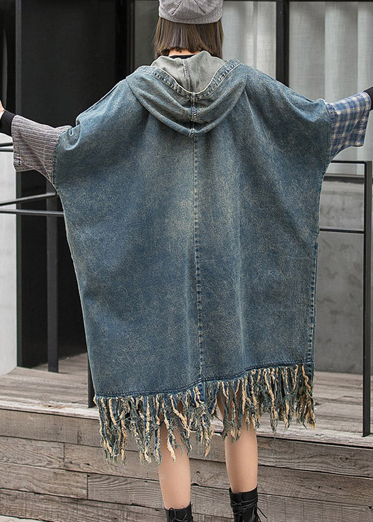 Blue Hooded Patchwork Tasseled Denim Dress Batwing Sleeve