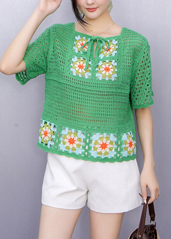 Green Square Collar Tie Lace Knit Top Summer