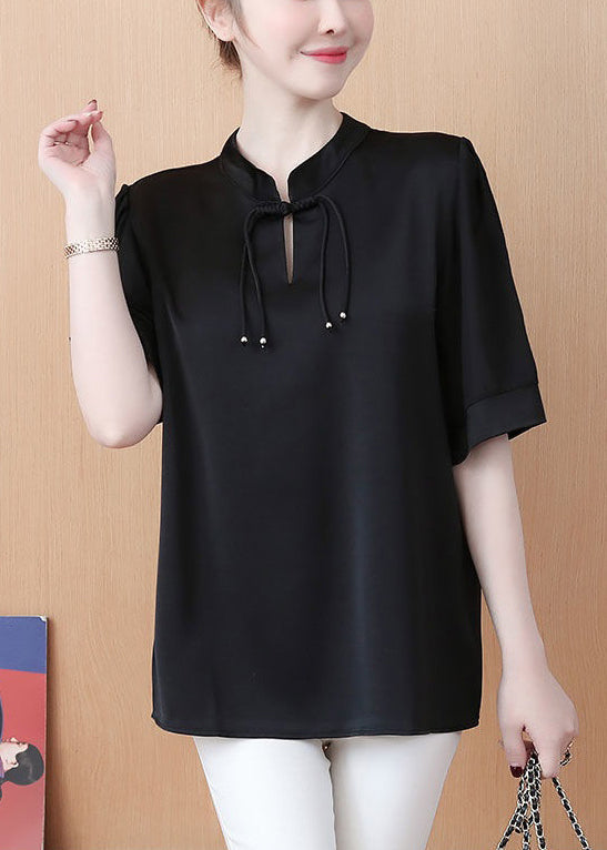 Loose Black Stand Collar Buttonpatchwork Chiffon Tops Summer