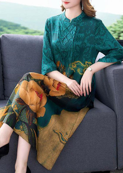 Blue Stand Collar Print Tassel Silk Long Dress Half Sleeve