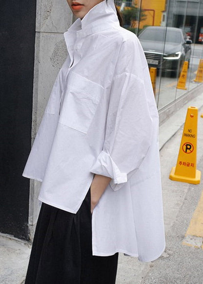 Natural White Peter Pan Collar Low High Design Button Pockets Cotton Shirts Long Sleeve Spring