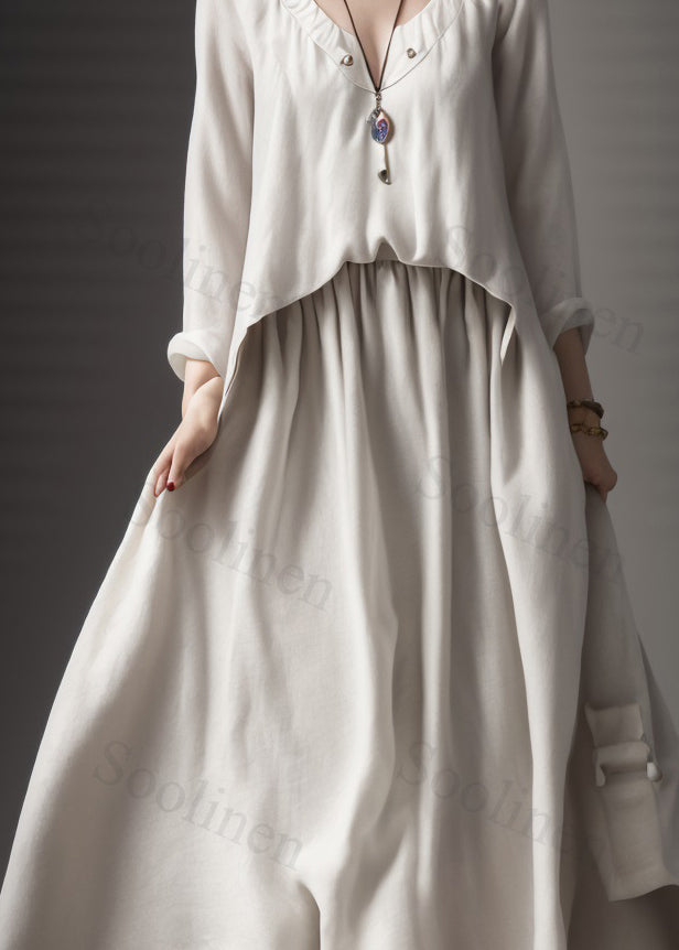 Classy Beige V Neck Wrinkled Patchwork Silk Maxi Dress Long Sleeve