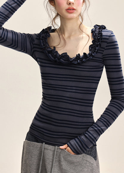 Dark Blue Striped Ruffled Patchwork T Shirt Fall
