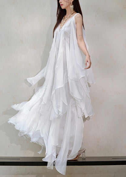 Italian White V Neck Layered Ruffled Silk Long Dresses Sleeveless