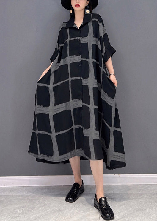Grey Peter Pan Collar Asymmetrical Print Button Pockets Long Dress Half Sleeve